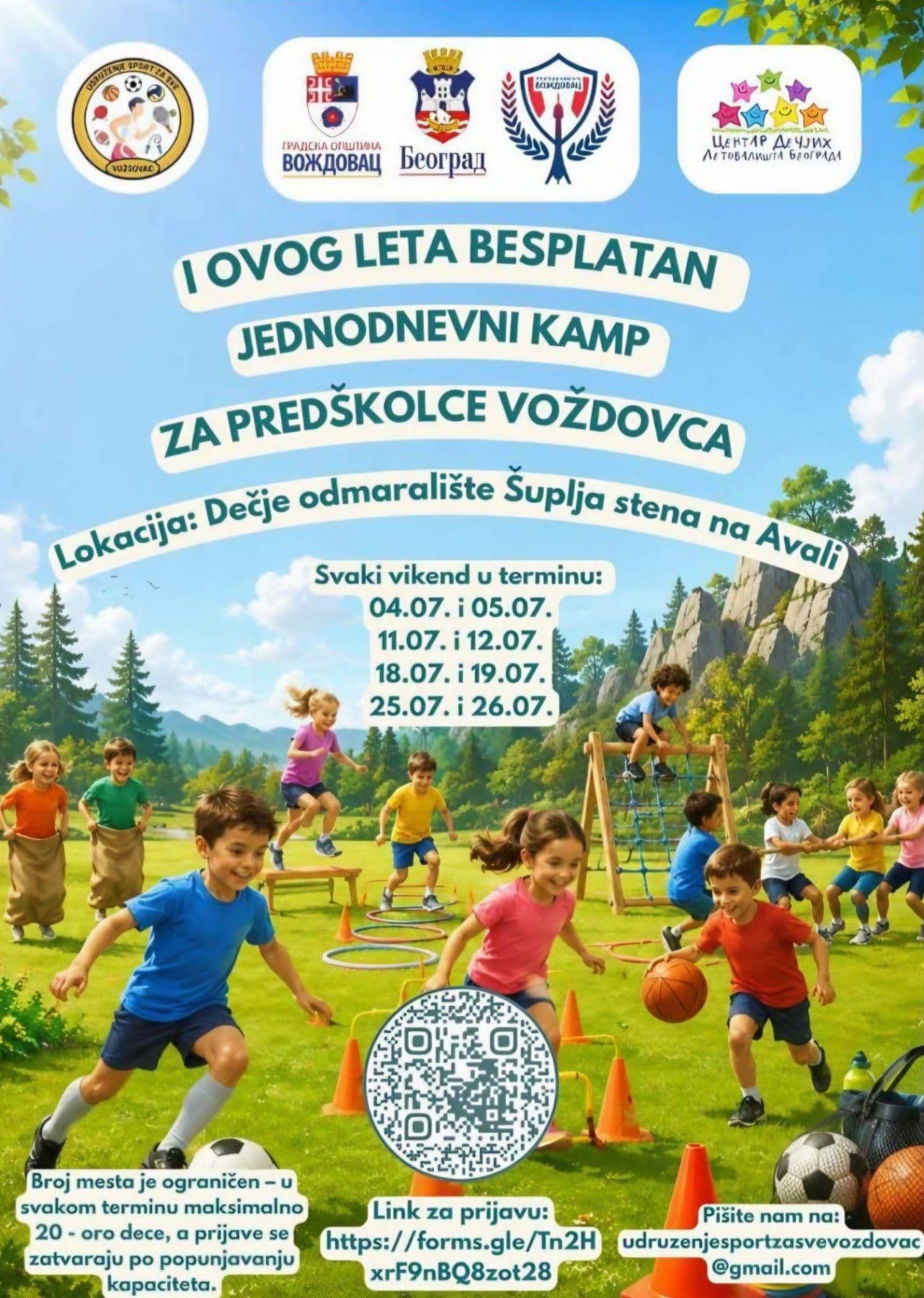 BESPLATAN LETNJI KAMP ZA NAJMLAĐE VOŽDOVČANE: Tokom jula vikendi rezervisani za igru, sport i druženje na Avali