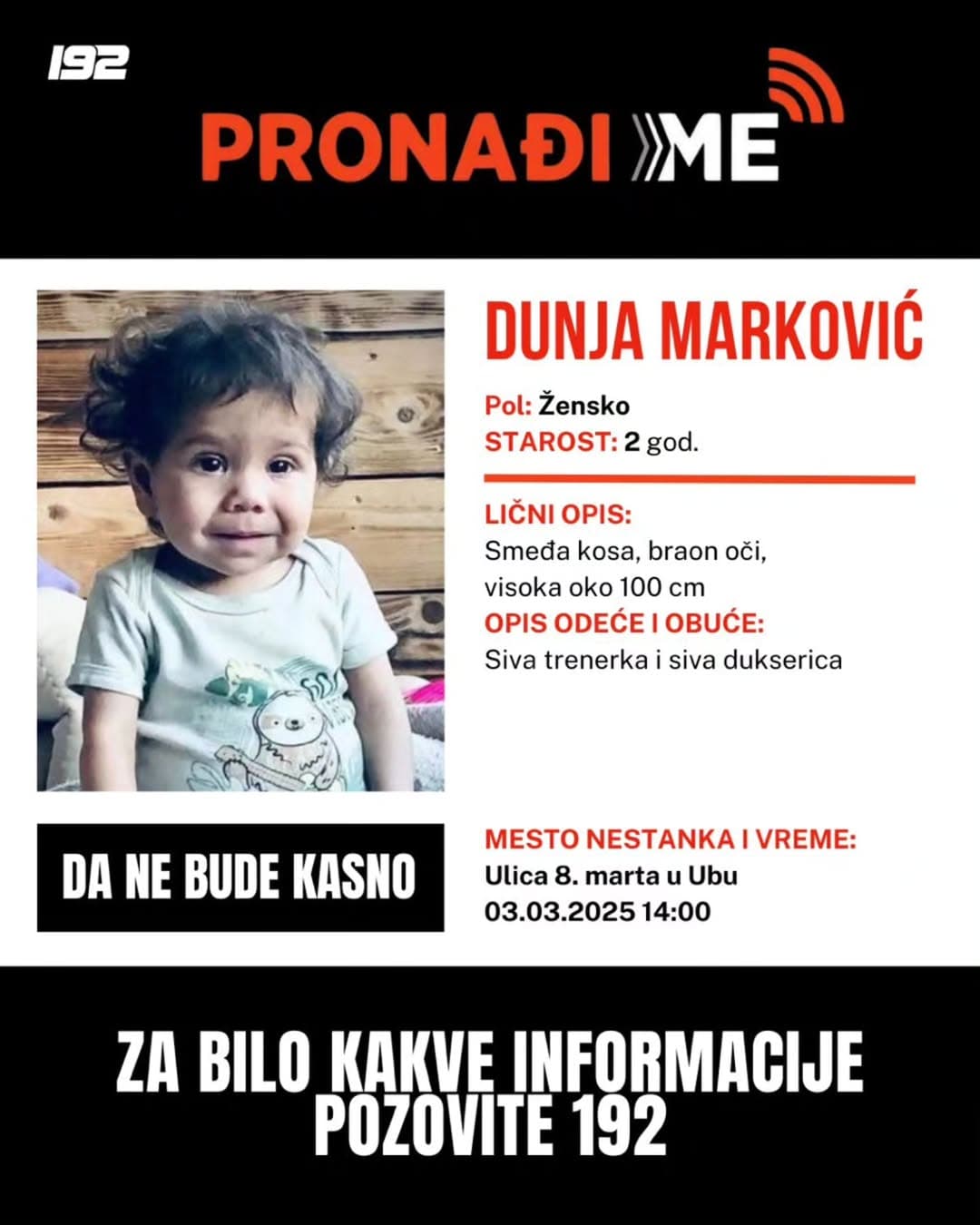 NESTANAK U UBU: Potraga za dvogodišnjom Dunjom Marković